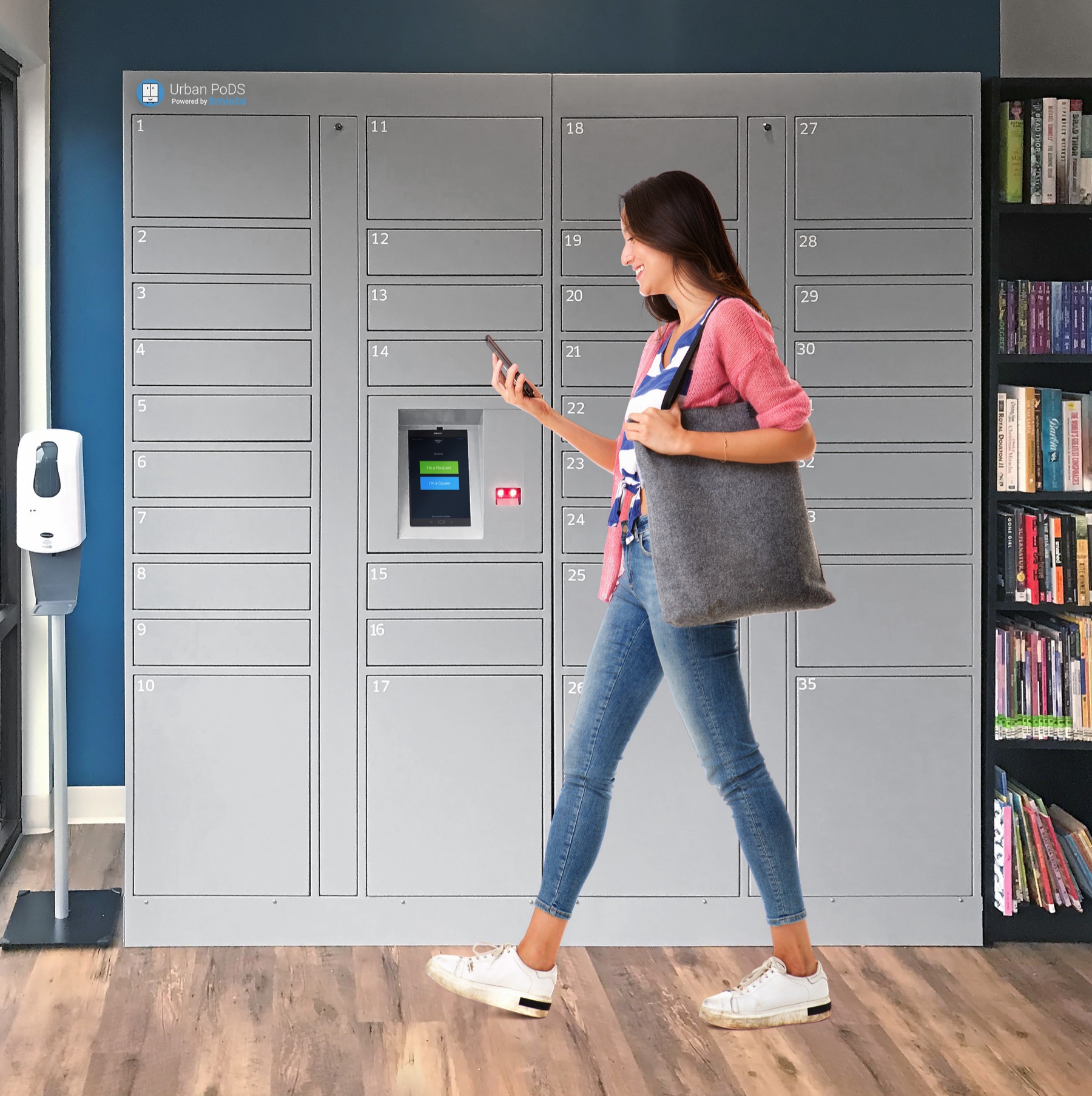 Library patron collecting a hold from a Smiota smart locker beside the bookshelves