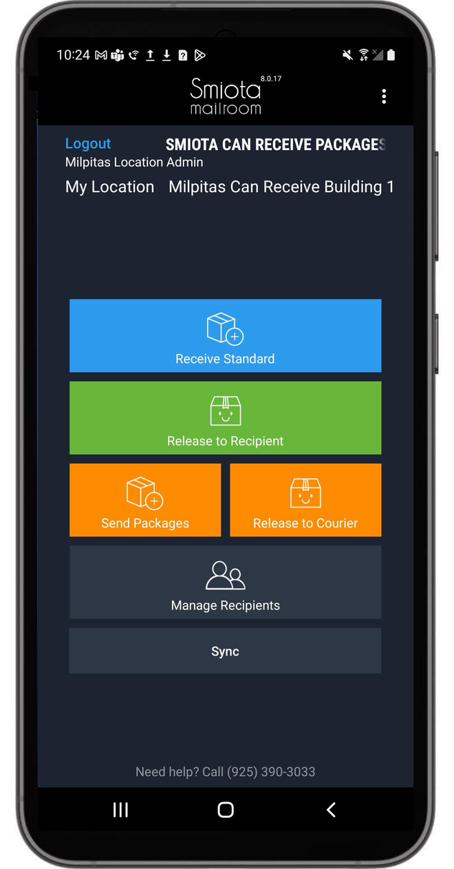 Smiota Mailroom app home screen — receive, release, send packages, and manage recipients