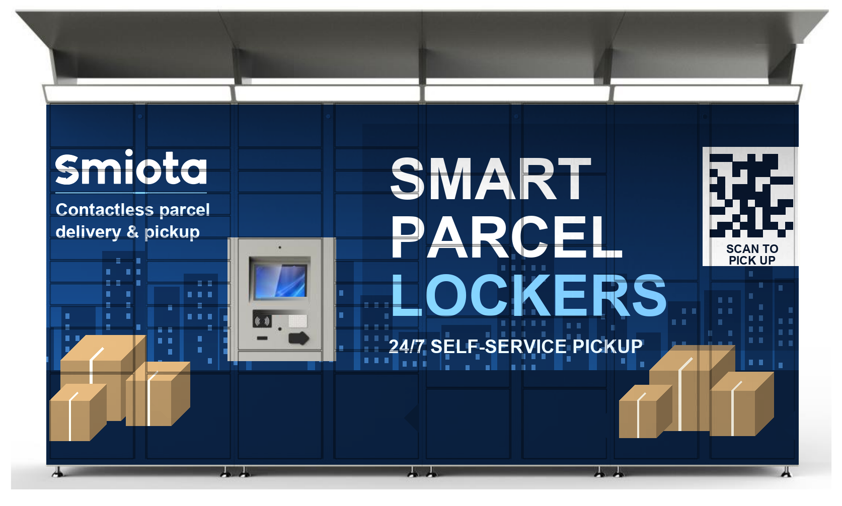 Smiota outdoor smart locker bank with a custom full-surface Smiota brand wrap, weather hood, touchscreen console, and 24/7 self-service pickup graphics